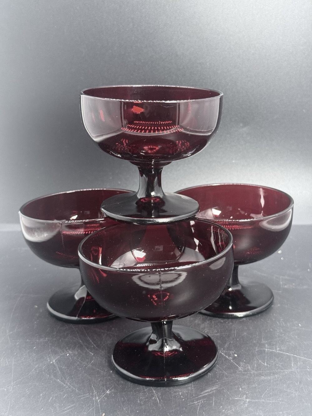 Anchor Hocking Ruby Red Monarch 4 Dessert Cups Pedestal Bowls Vintage Sherbet